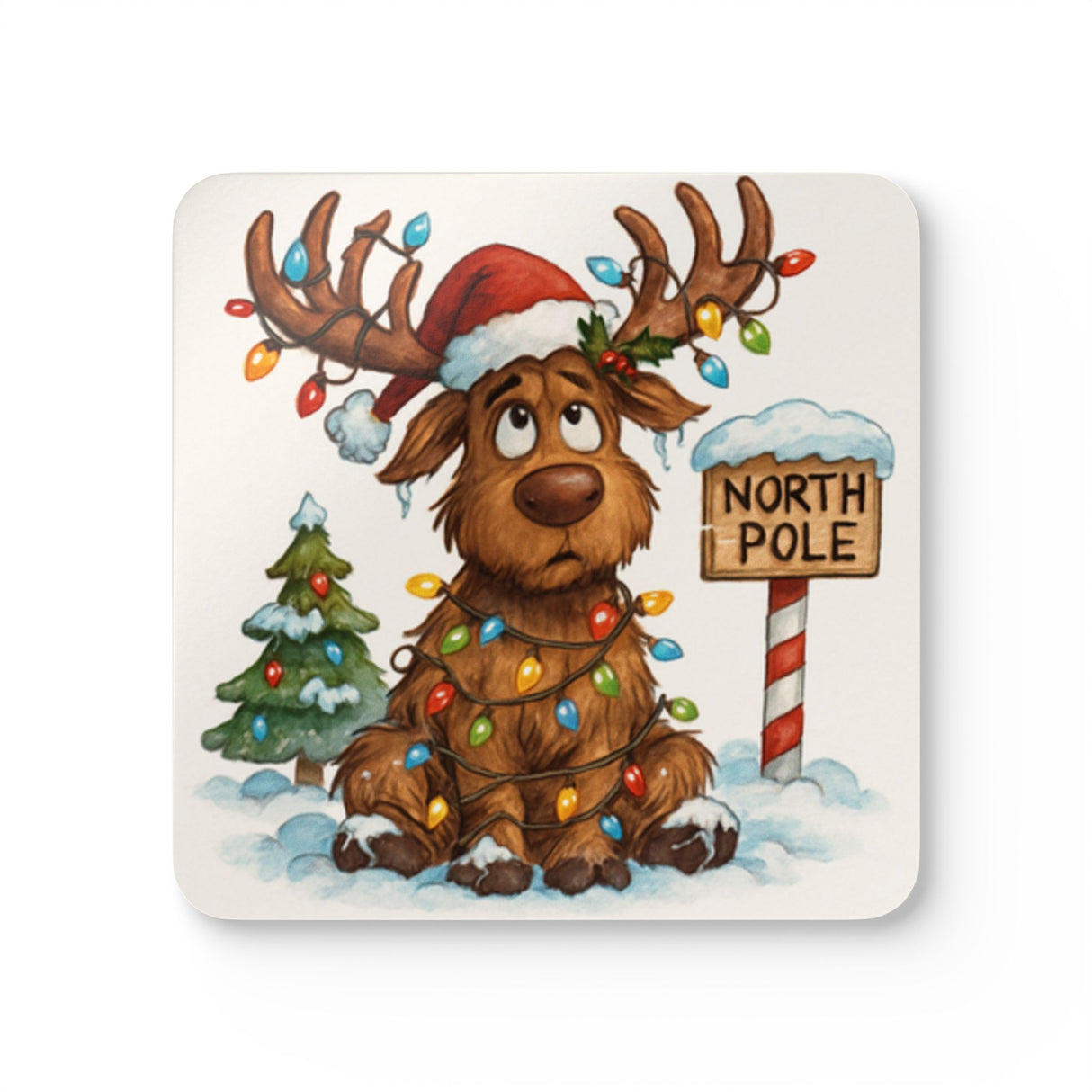 Cute Reindeer Christmas Cork Coaster Set showcasing a festive reindeer tangled in Christmas lights.
