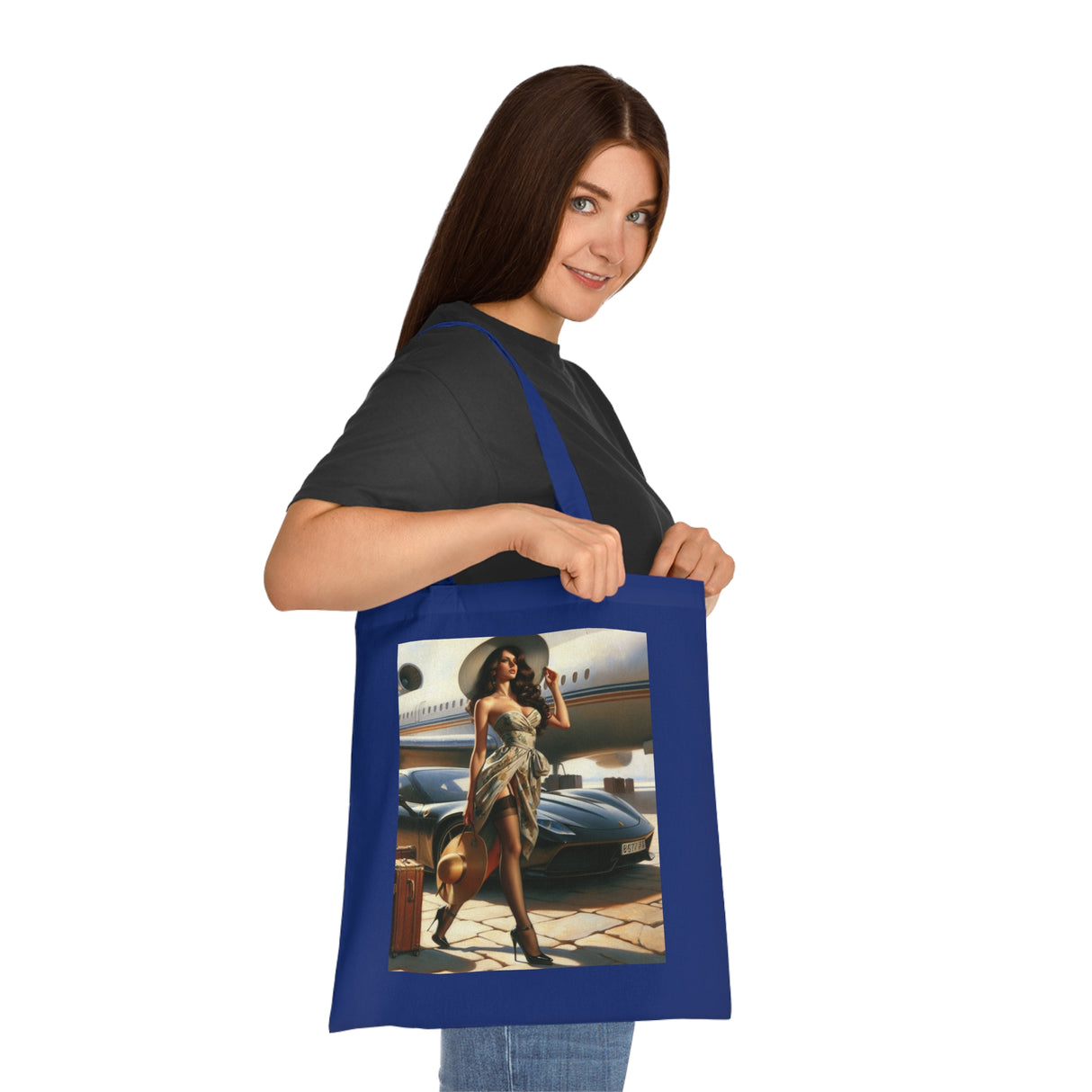 Chic Travel Cotton Tote Bag with a city skyline background, representing stylish travel.