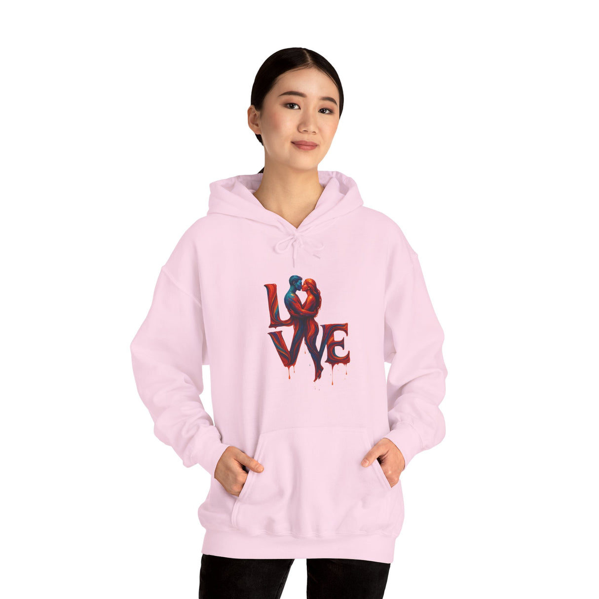 Love Kiss Hoodie with romantic dripping typography design, showcasing the bold 'LOVE' graphic in moody reds and deep blues.