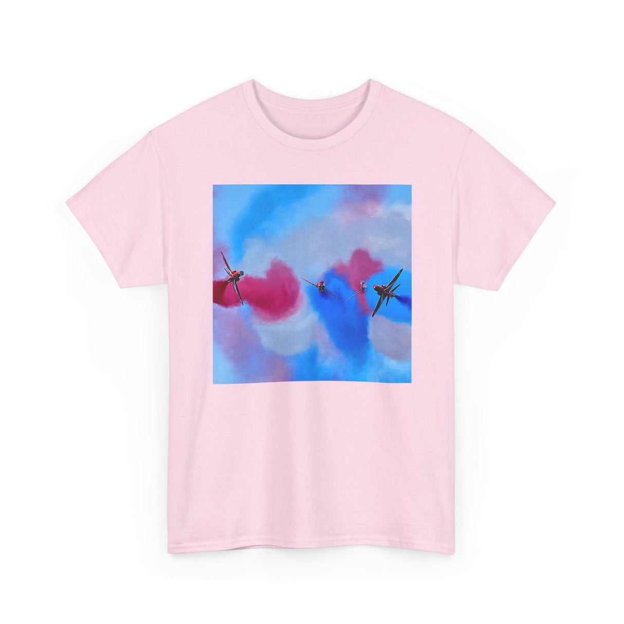 Model wearing the Aerial Smoke Display Tee — Blue & Pink Airshow Pilots T-Shirt paired with relaxed jeans for a casual look.