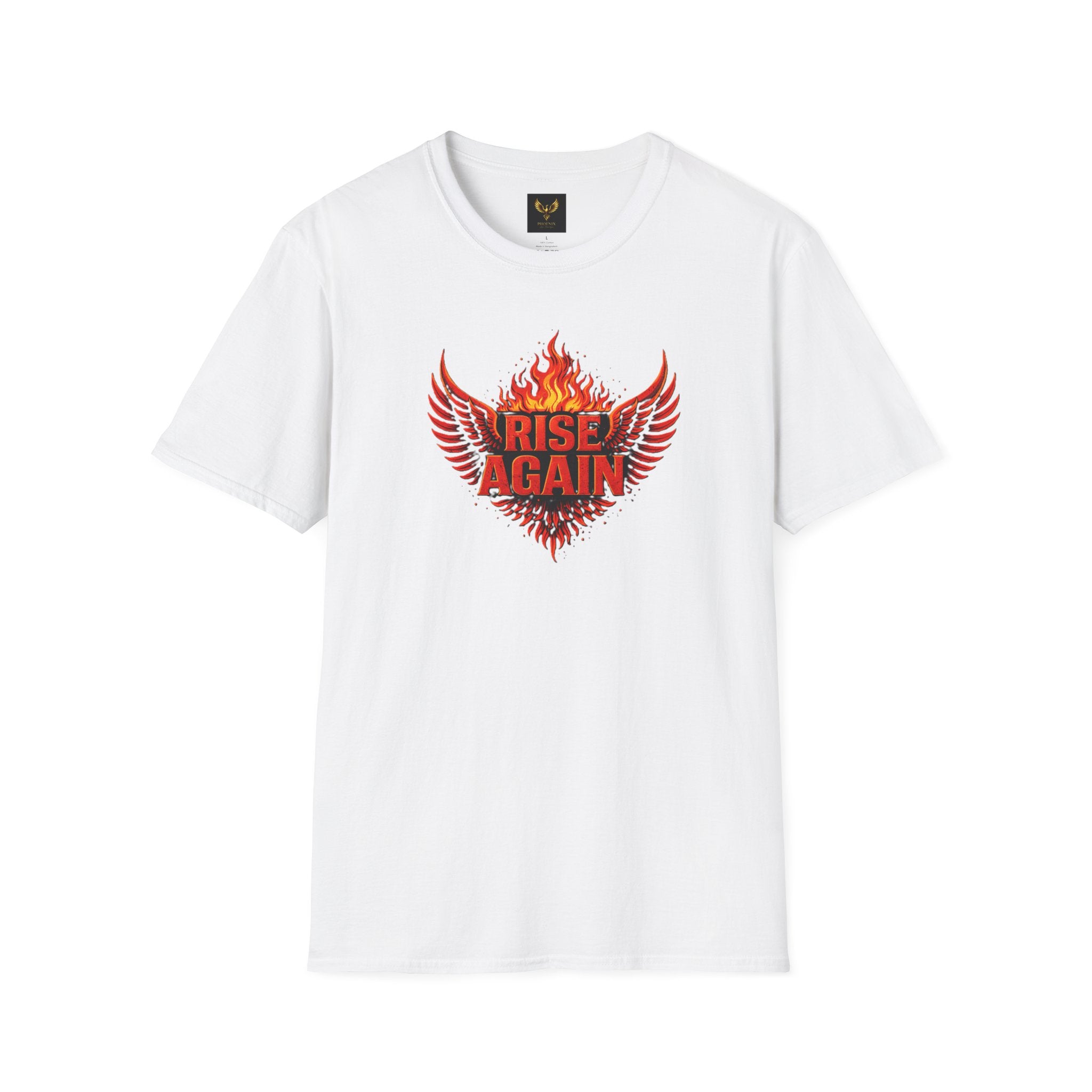 White t-shirt with a red and black graphic design on a white background