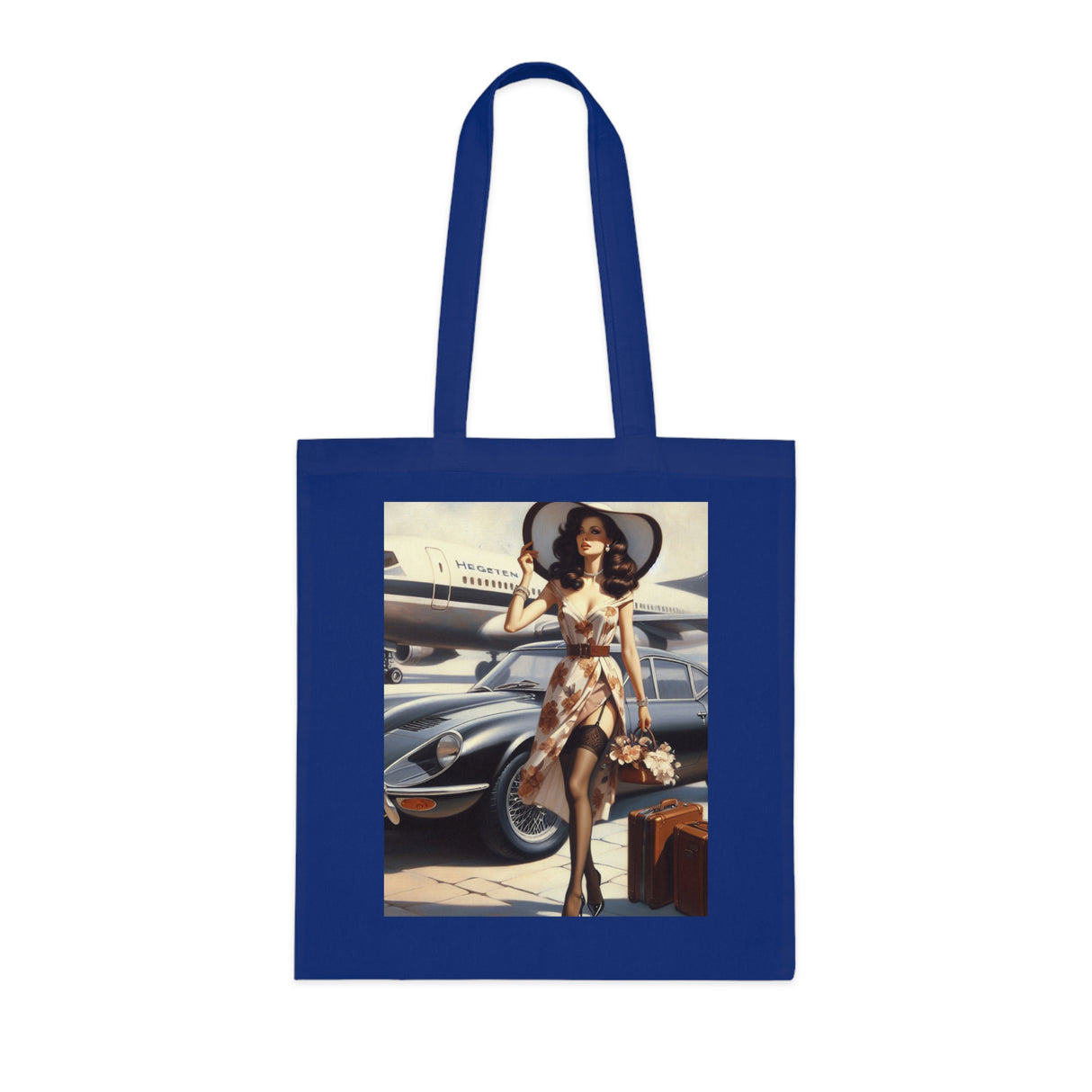 The Vintage Jetsetter Cotton Tote Bag displayed on a bright background, featuring glamorous travel-themed artwork.
