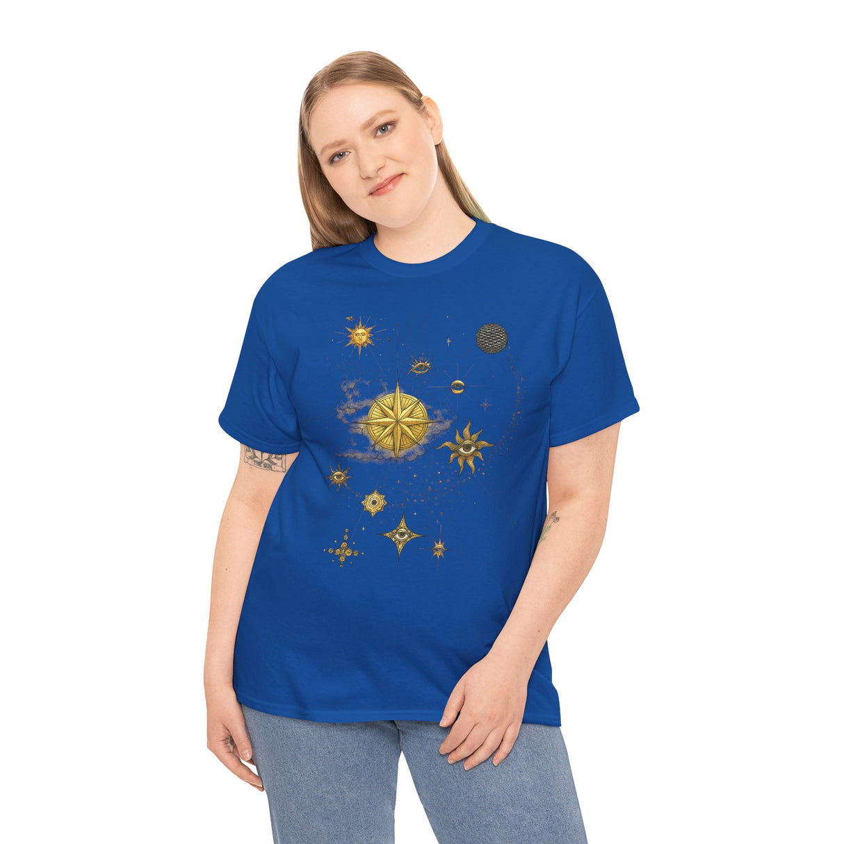 Celestial Compass Tee — Gold Star & Moon Astrology Graphic Shirt folded neatly showcasing its cosmic design.