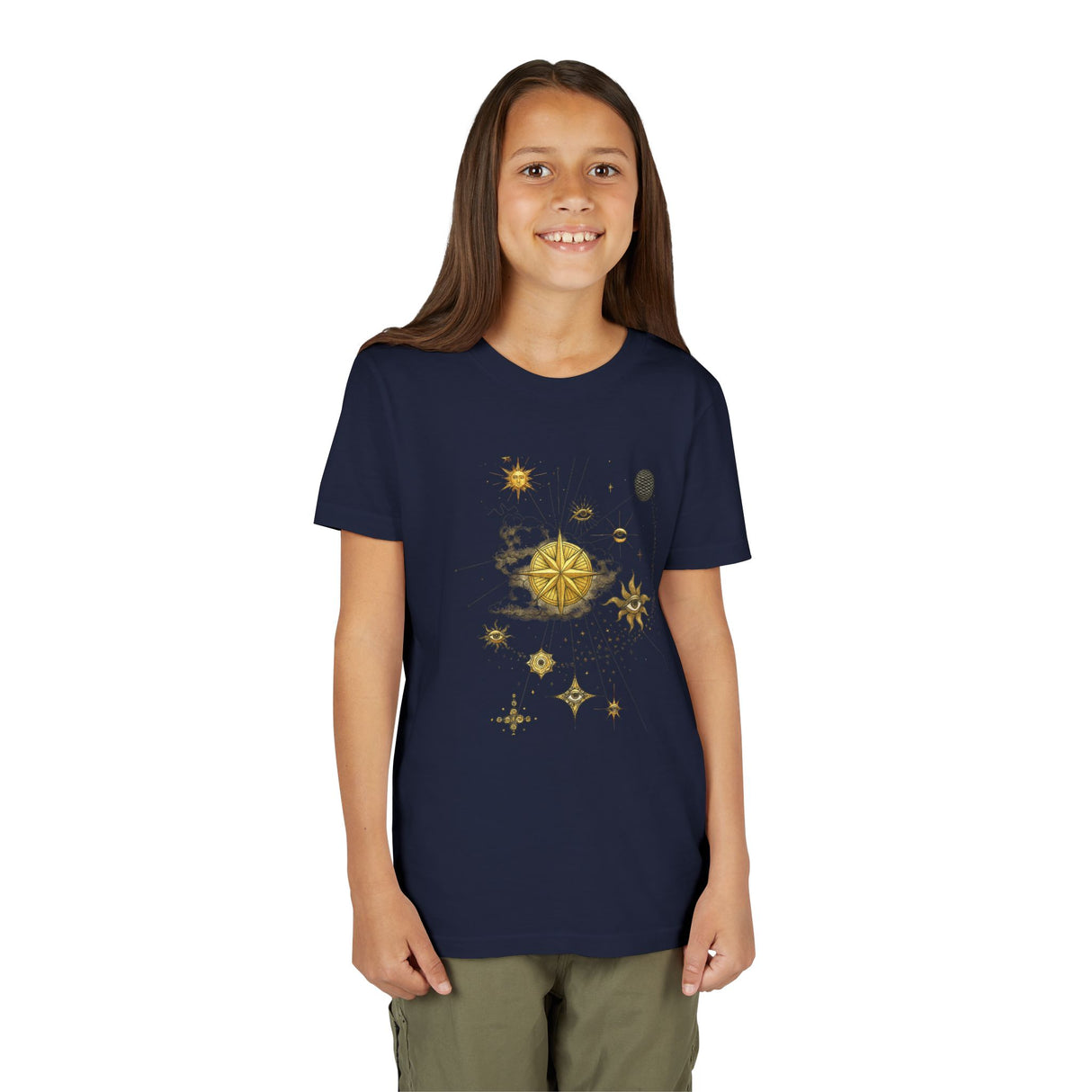 The Celestial Compass Youth Tee against a backdrop of night sky, illustrating its design inspiration.