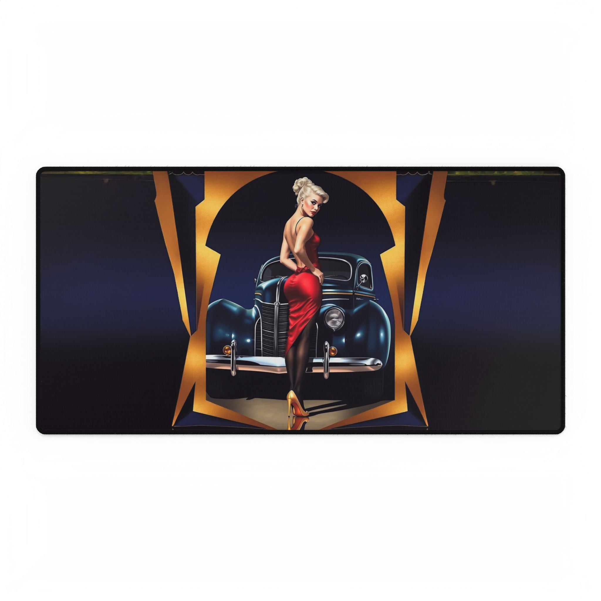 Vintage-Inspired Desk Mat with Classic Car Design, 31.5" x 15.5", bright colors, perfect for enhancing your office or home workspace.