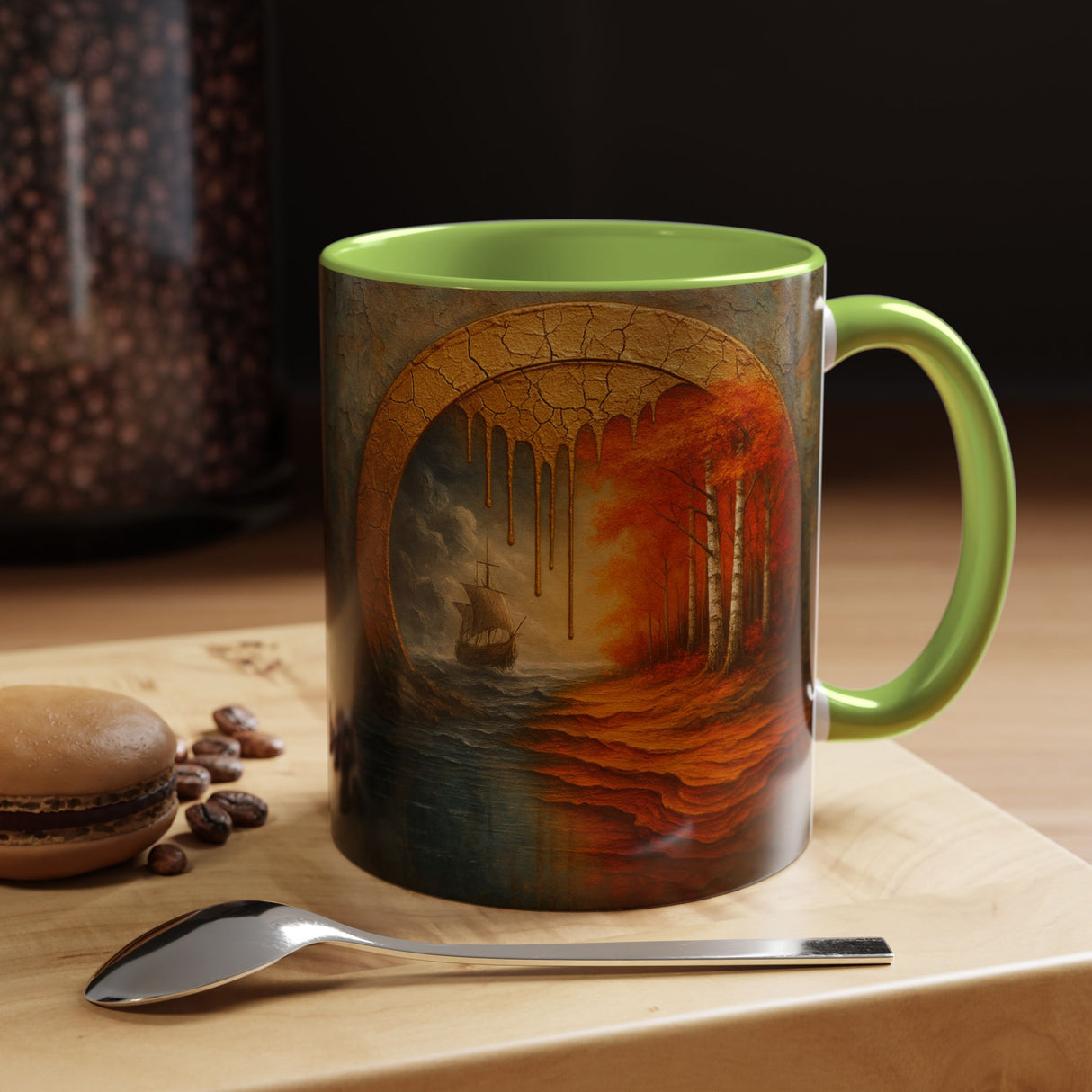 Autumn Portal Coffee Mug filled with steaming beverage, highlighting its functional design.