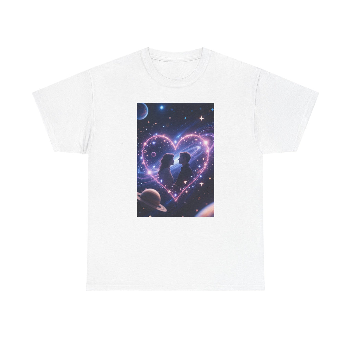 Close-up of the Galaxy Heart Couple T-Shirt's cosmic heart design that highlights two silhouettes in a nebula.