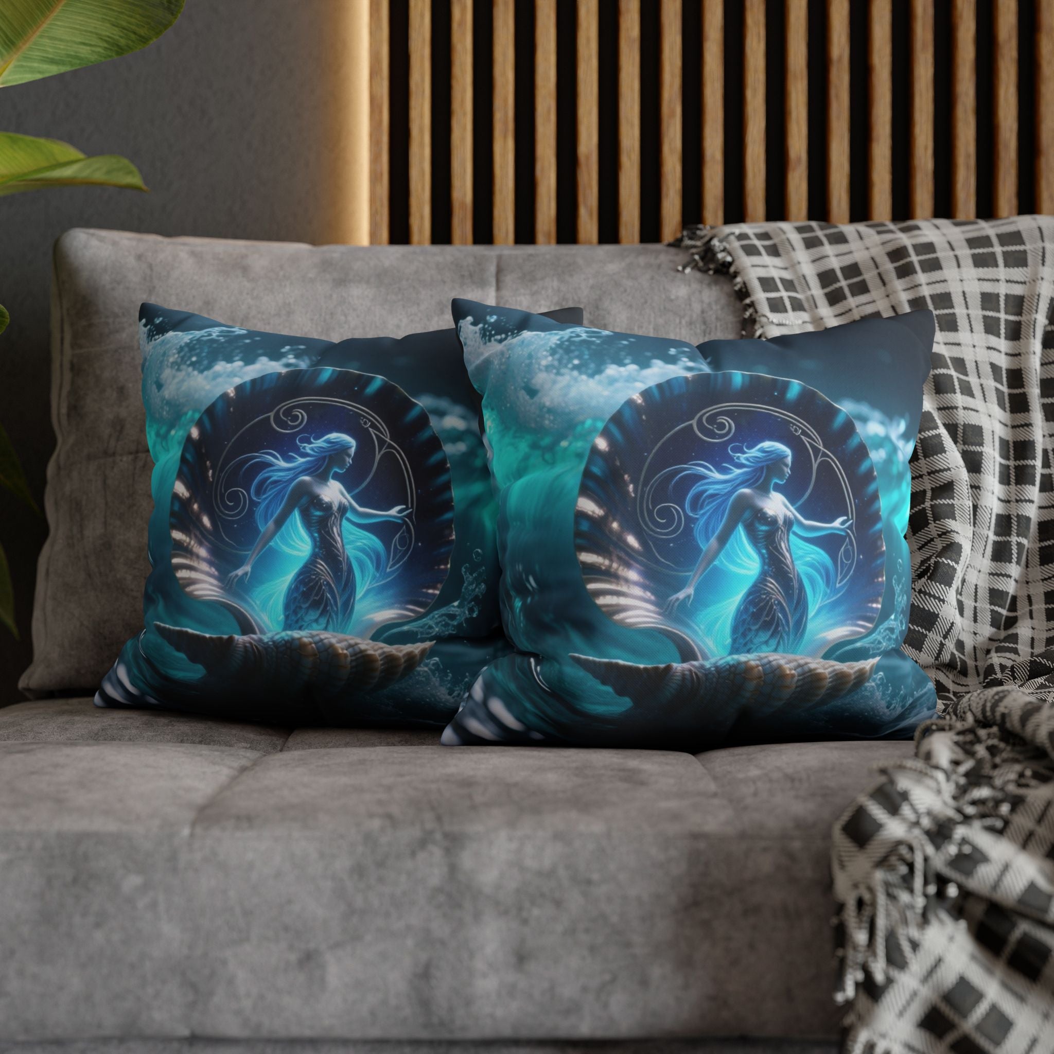 Ocean Goddess Decorative Pillow Cover — Mermaid Nautical Art Square Throw Pillowcase 16" × 16"