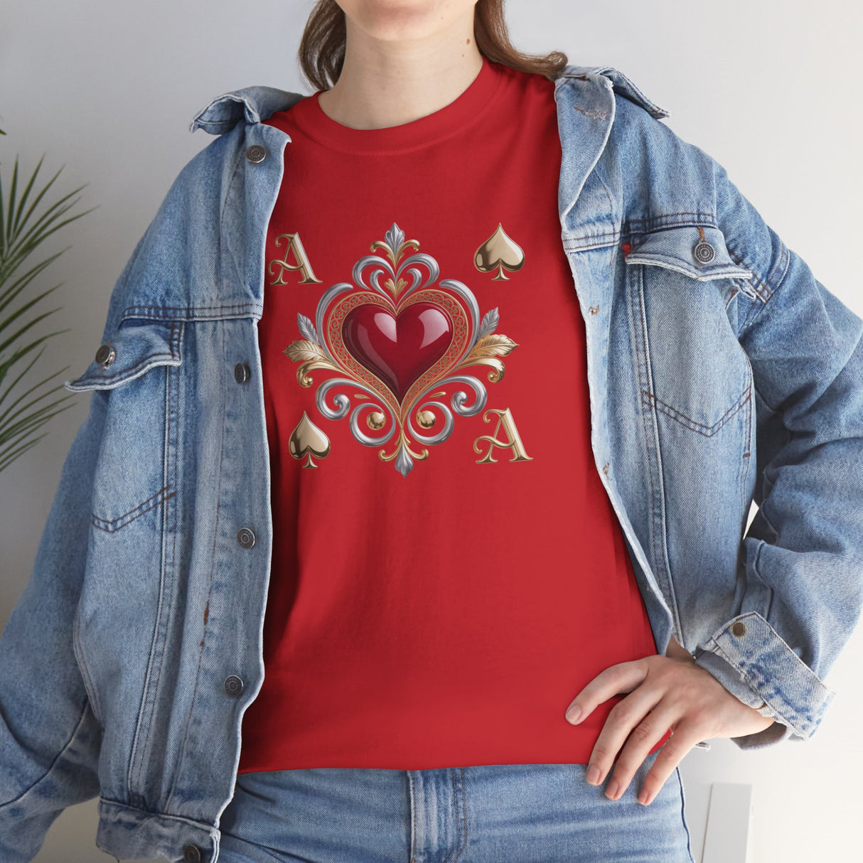 Detail shot of the ornate heart on the Ace of Hearts T-Shirt, capturing the craftsmanship and artistic elements.
