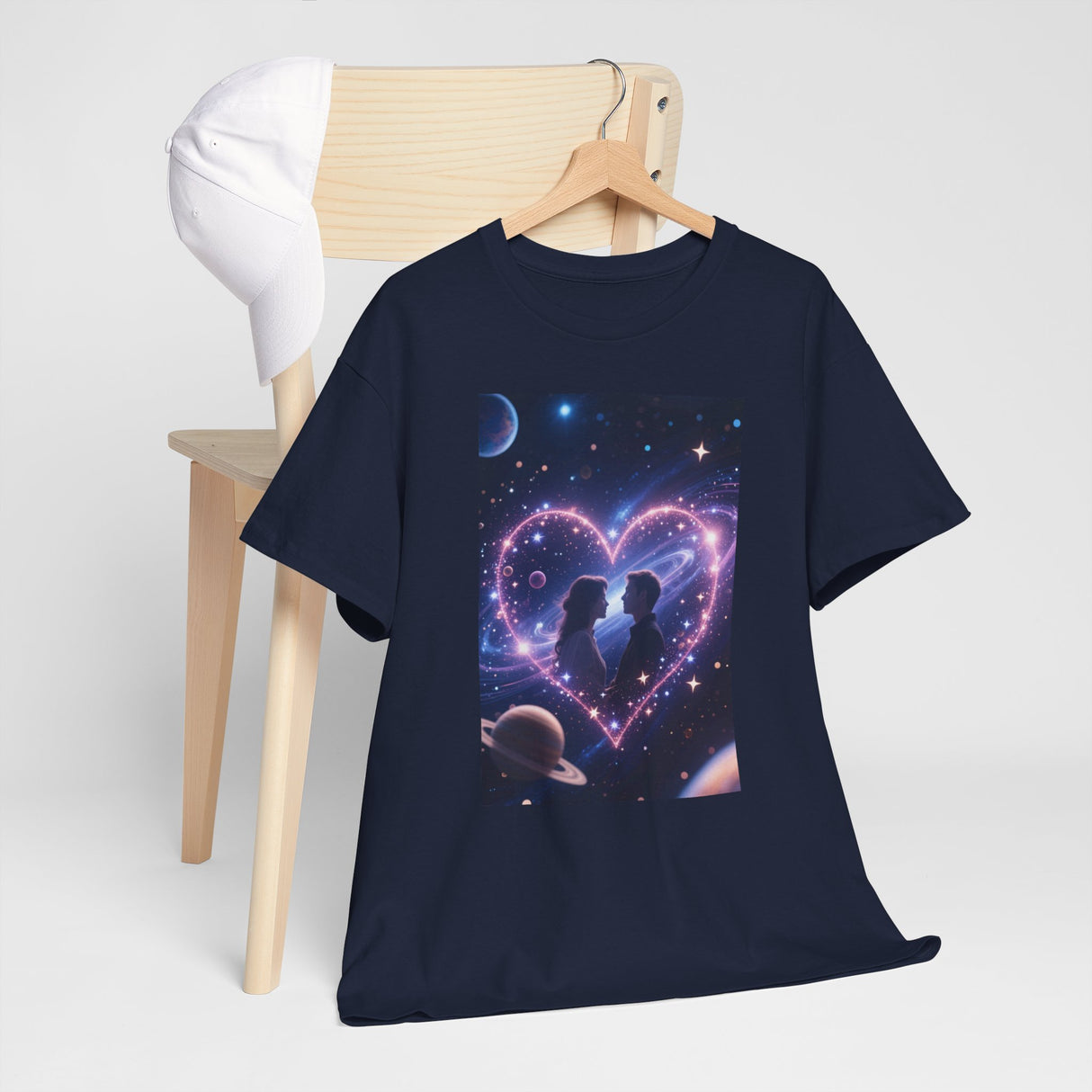 Back view of a person wearing the Galaxy Heart Couple T-Shirt, highlighting its relaxed fit.