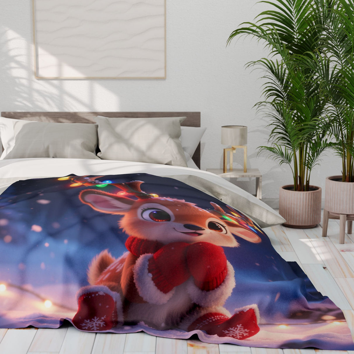 Cute Reindeer Fleece Blanket - Holiday Christmas Cozy Throw for Kids displayed at a winter gathering.
