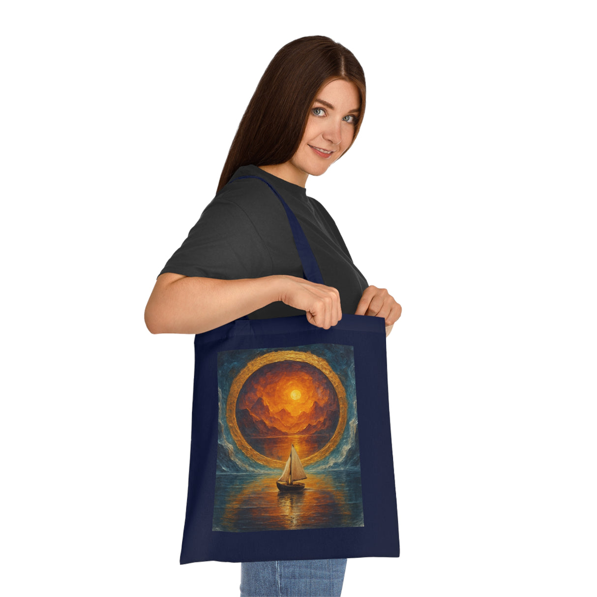 Sailboat Sunset Tote Bag – The tote displayed against a light background emphasizing the crisp print and robust stitching.