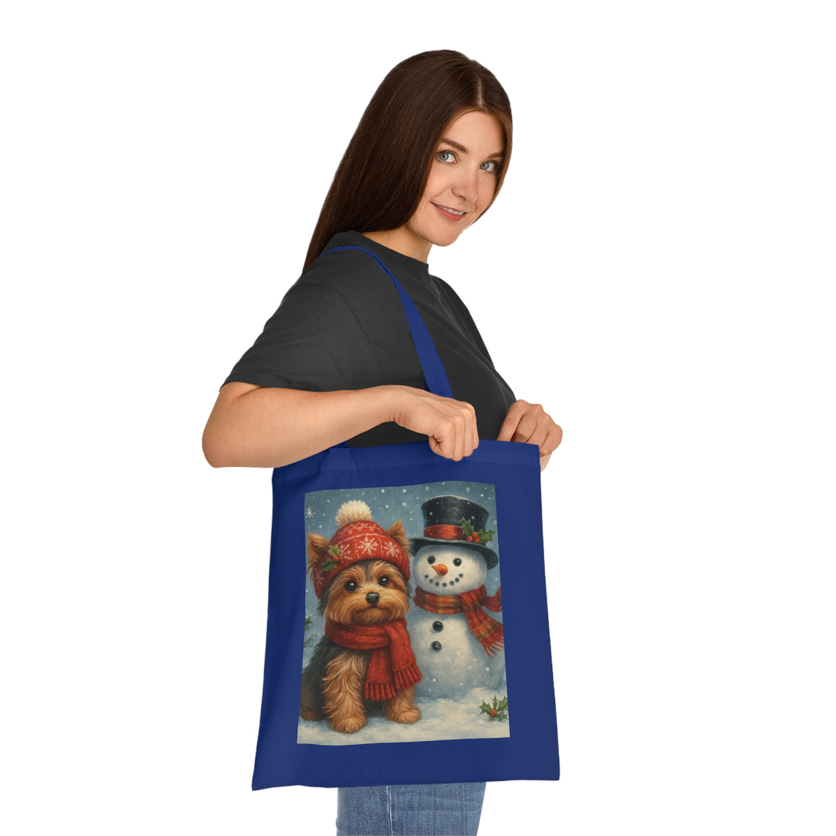 Adorable Christmas Snowman Tote Bag with a cute snowman and vibrant holiday colors.