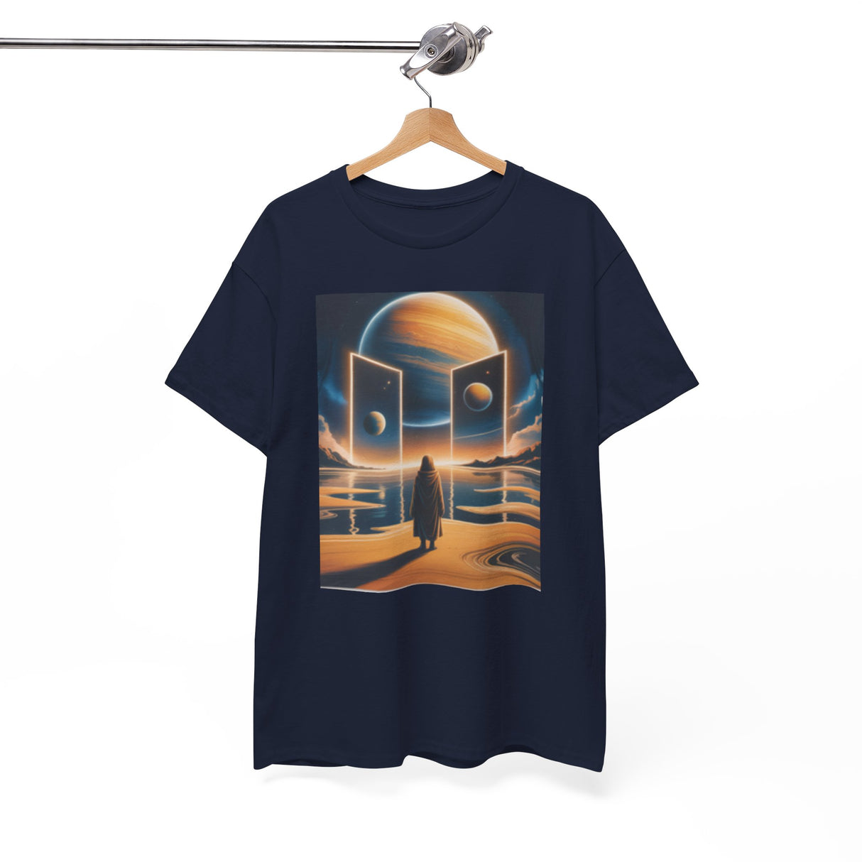 Cosmic Gateway T-Shirt illustration showcasing the retro-futurist vibe with vibrant colors.