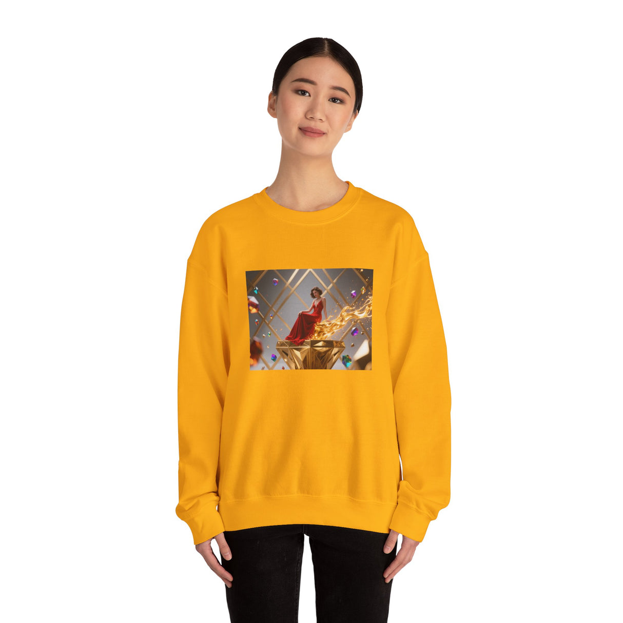 Crewneck Sweatshirt — Elegant Red Gown Art Print (Regal Celebration) combining style and comfort with stunning imagery of a dramatic red dress.