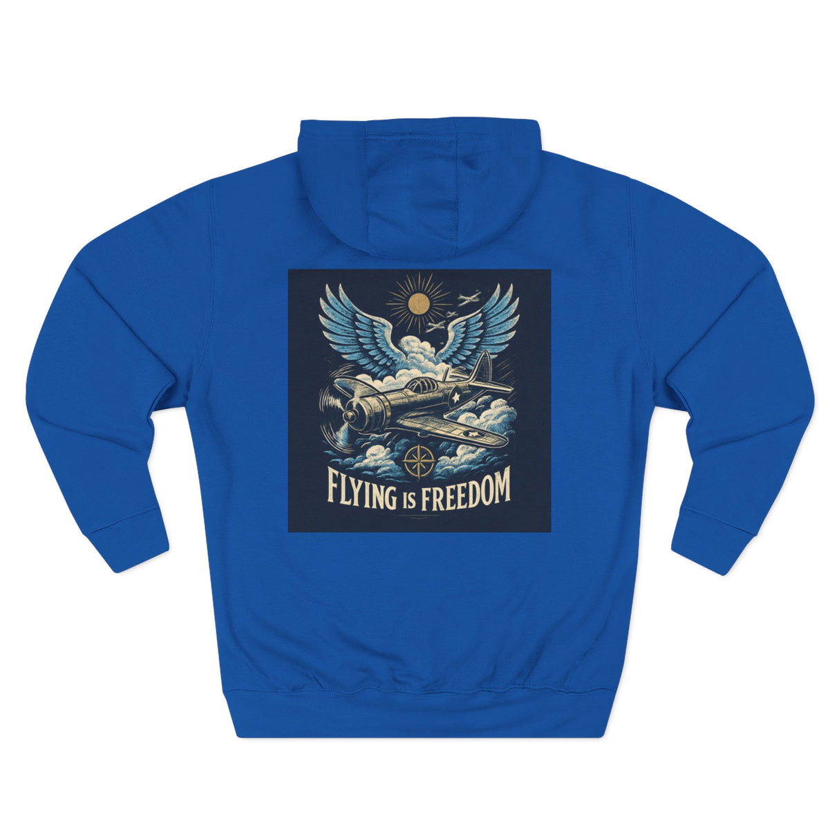 Front view of the Flying Is Freedom Hoodie, highlighting its adjustable hood and stylish silhouette.