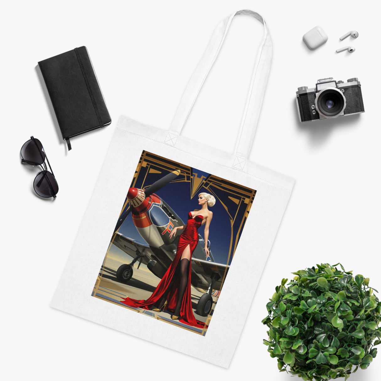 The Vintage Pin-Up Plane Tote — Red Dress Aviation Cotton Tote Bag folded up neatly for easy packing or storage.