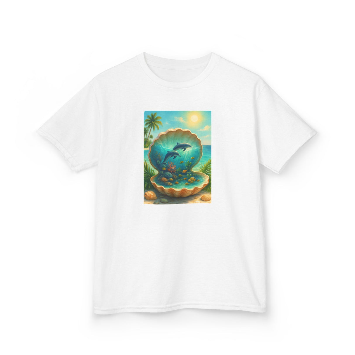 Kids Tee — Ocean Pearl Dolphin Shell Beach Graphic featuring a peaceful beach scene and comfy fit.