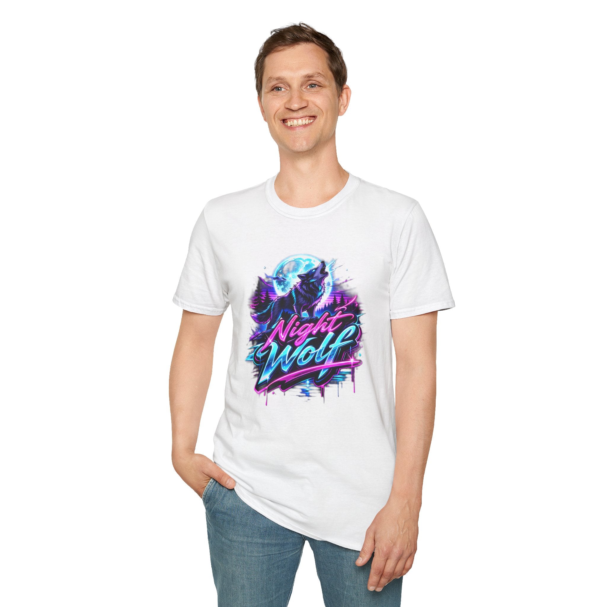Night Wolf T-Shirt Retro Neon Wolf Graphic Tee White