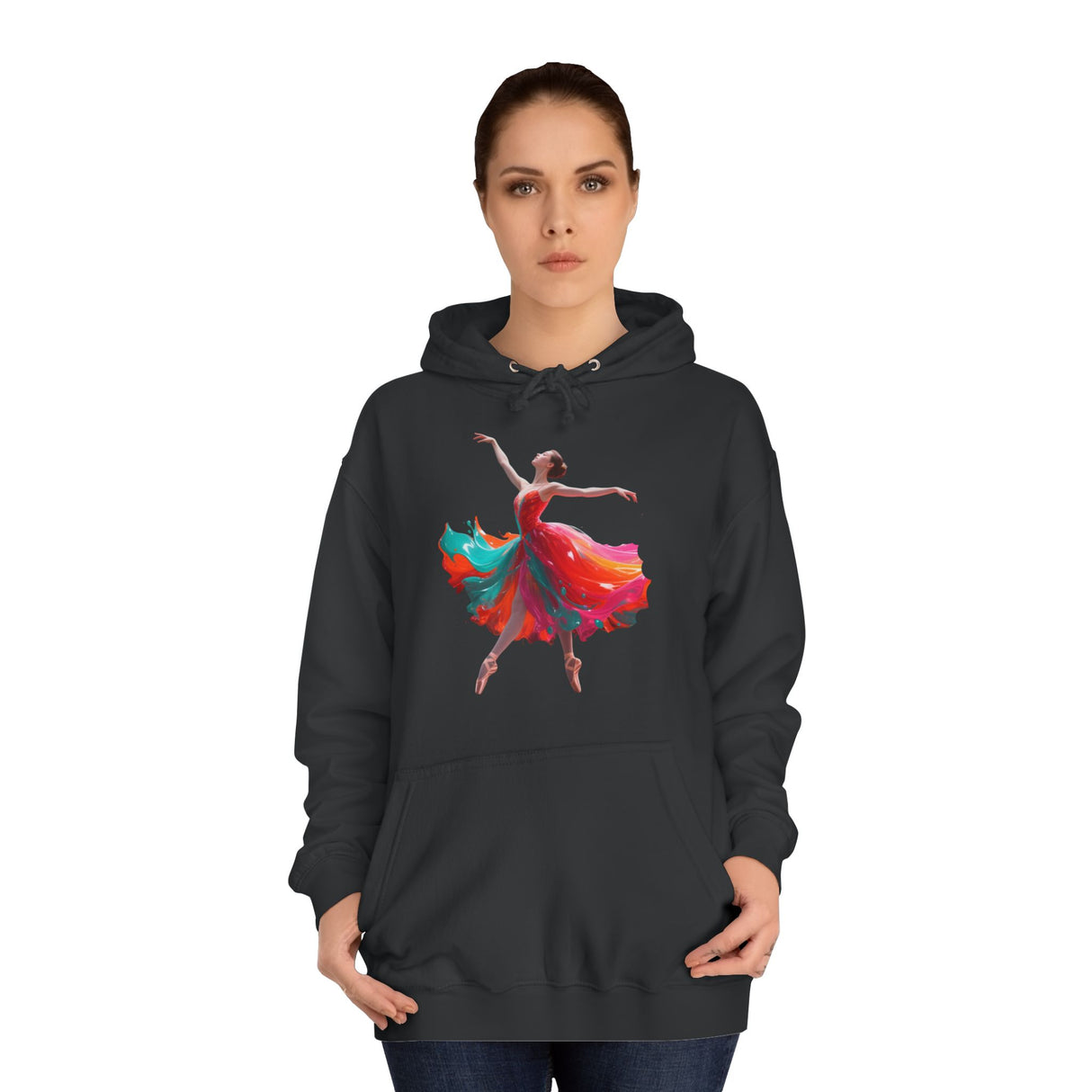 Woman wearing Ballet Dancer Art Hoodie while sketching, combining style and comfort in a creative environment.