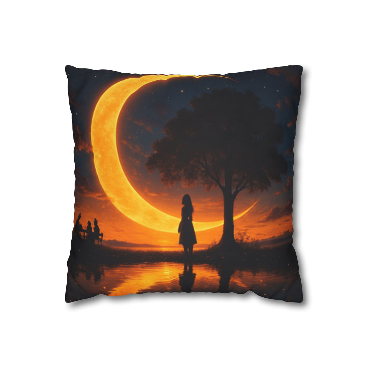 Close-up of the Crescent Moon Silhouette Decorative Pillow showcasing the vibrant navy and warm amber colors on a soft polyester canvas, ideal for cozy decorating.