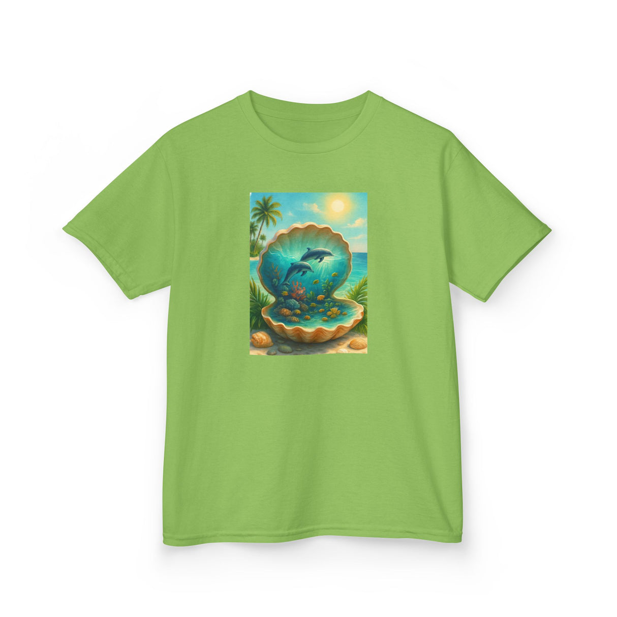 Kids Tee — Ocean Pearl Dolphin Shell Beach Graphic styled with beach accessories for a fun summer look.
