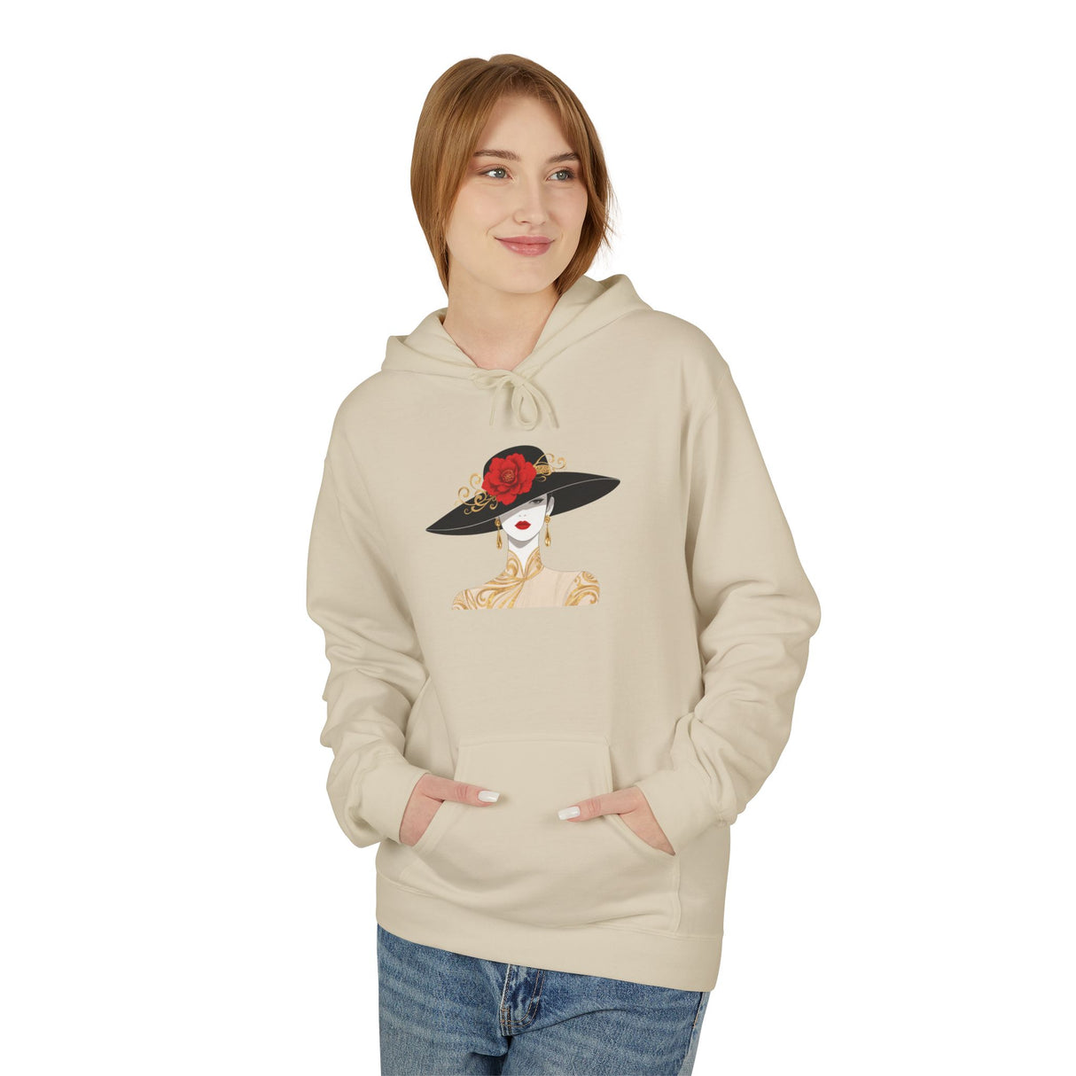 Elegant Lady in Wide-Brim Hat Hoodie — Fashion Illustration Pullover
