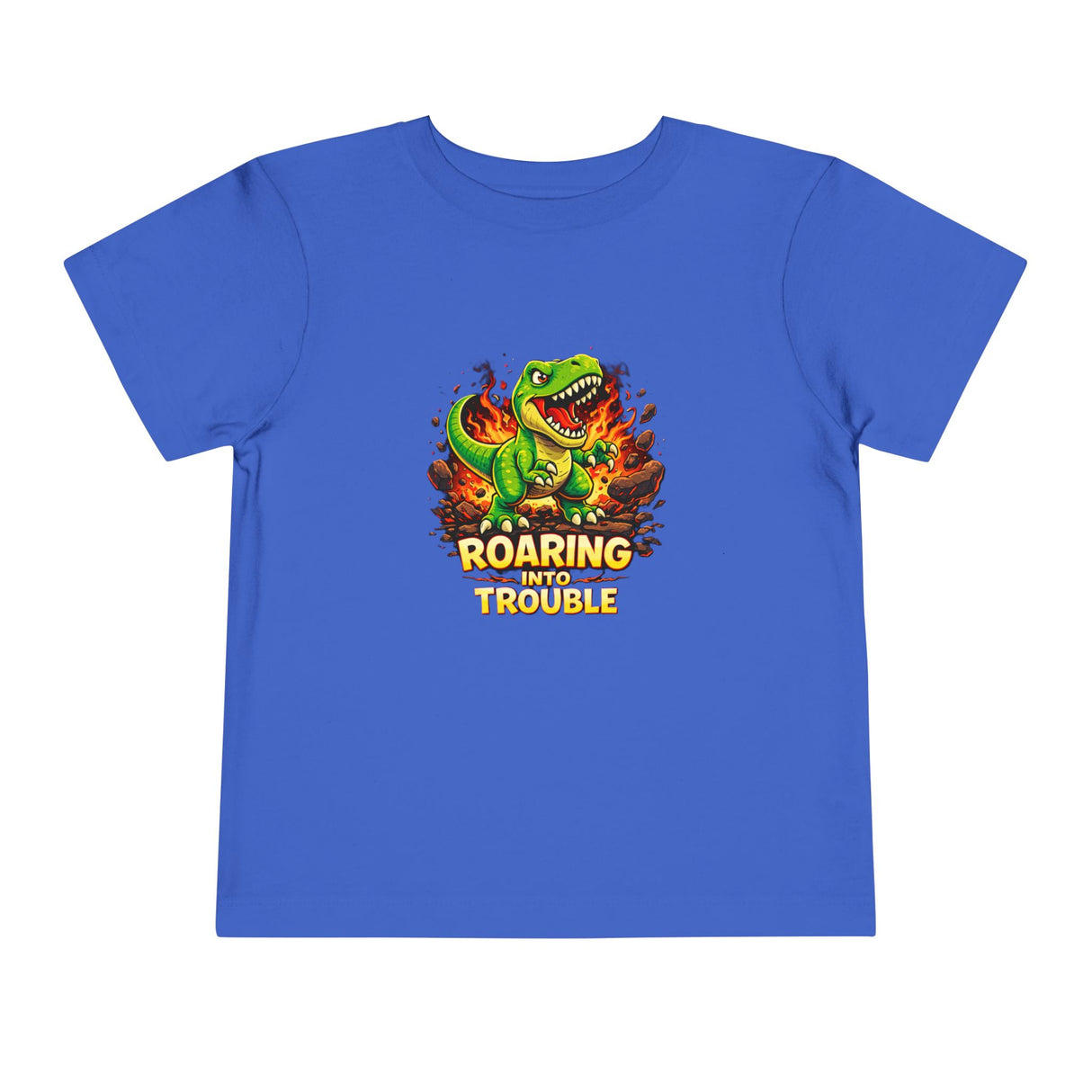 Toddler Tee — "Roaring Into Trouble" Dinosaur Graphic Shirt