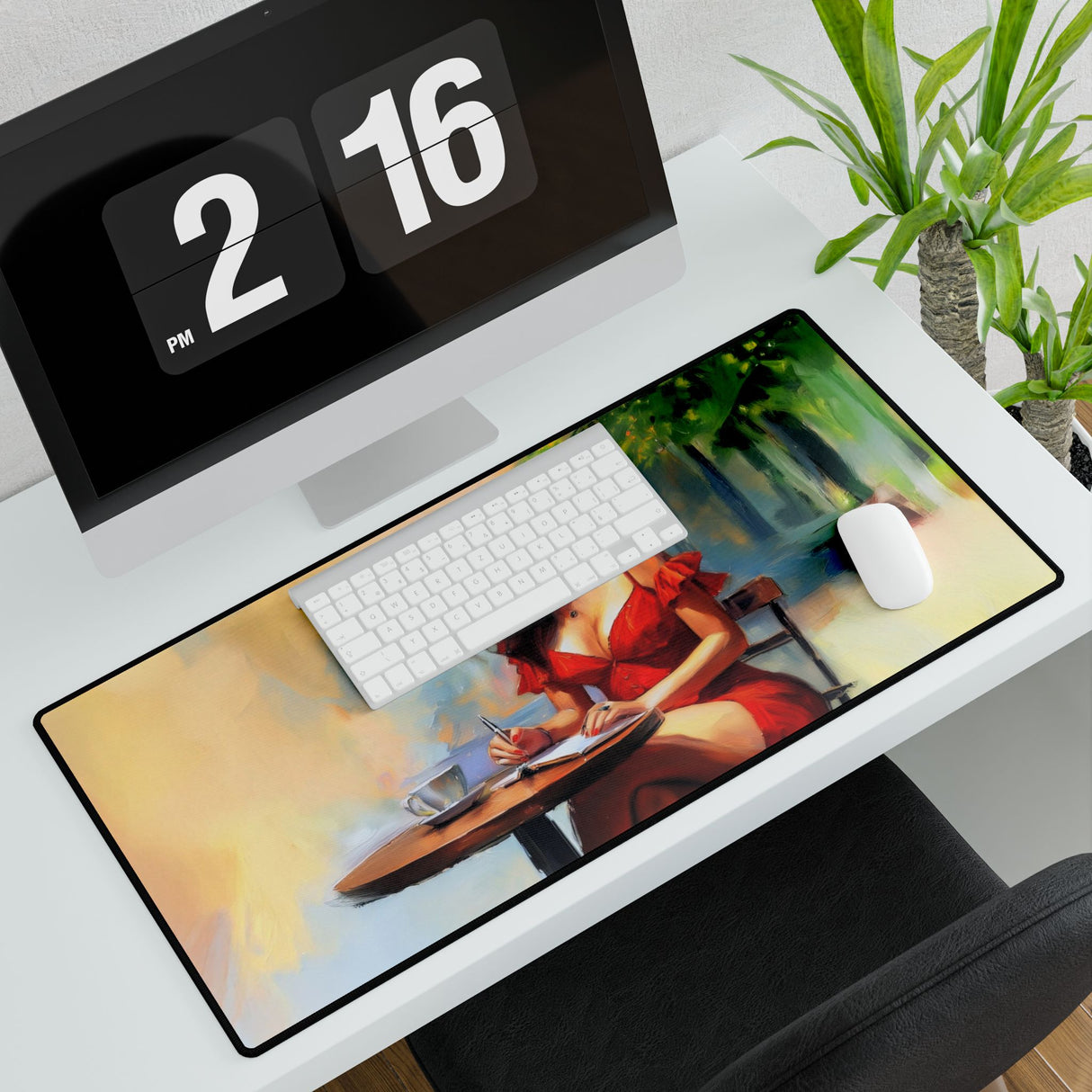 Elegant Café Scene Desk Mat in a home office setup, enhancing creativity and comfort while working or studying.