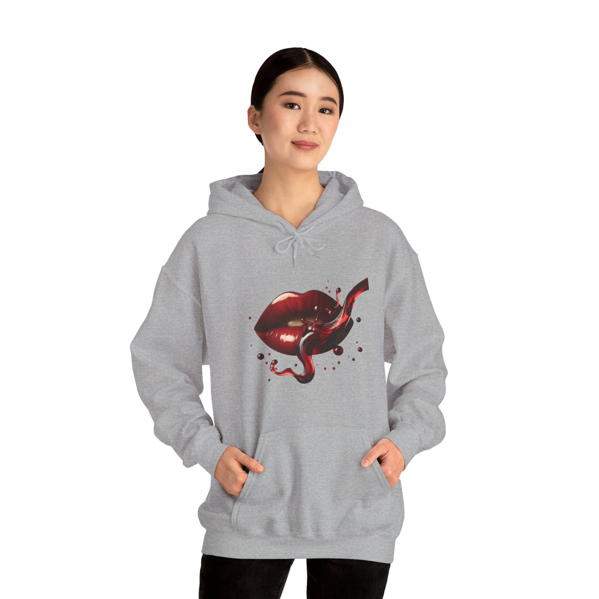 Model wearing the Lip Bite Hoodie featuring a gothic red lips design, perfect for casual outings.