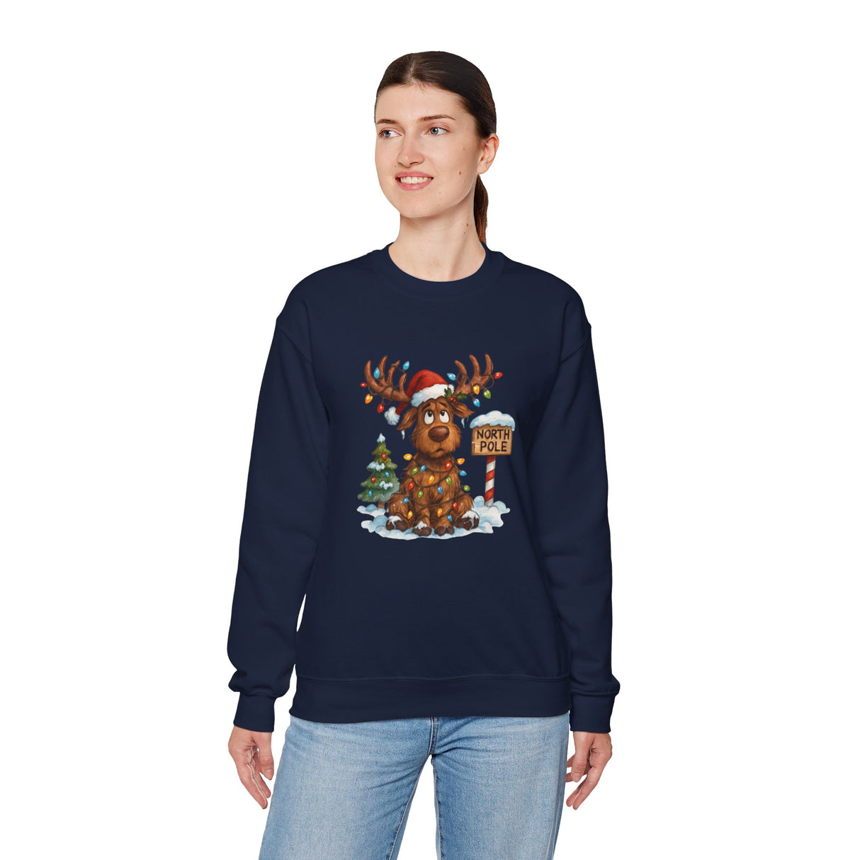 Classic Christmas Moose Crewneck Sweatshirt perfect for holiday gatherings with a fun reindeer design.