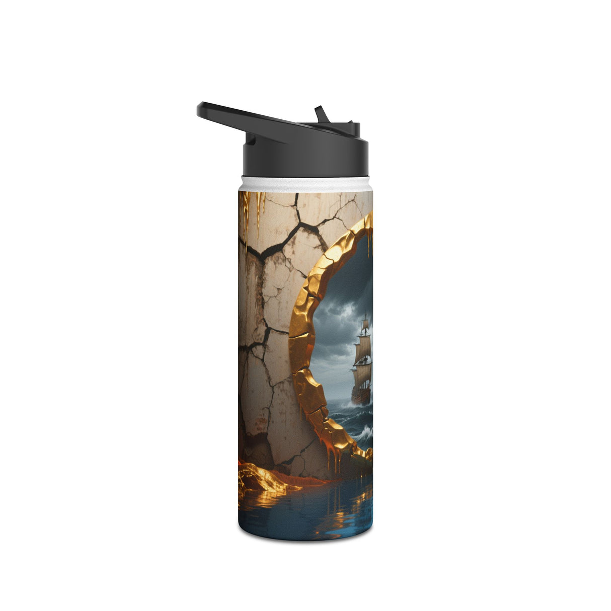 Autumn Voyage Stainless Steel Water Bottle displayed next to fallen orange leaves and a scenic backdrop.