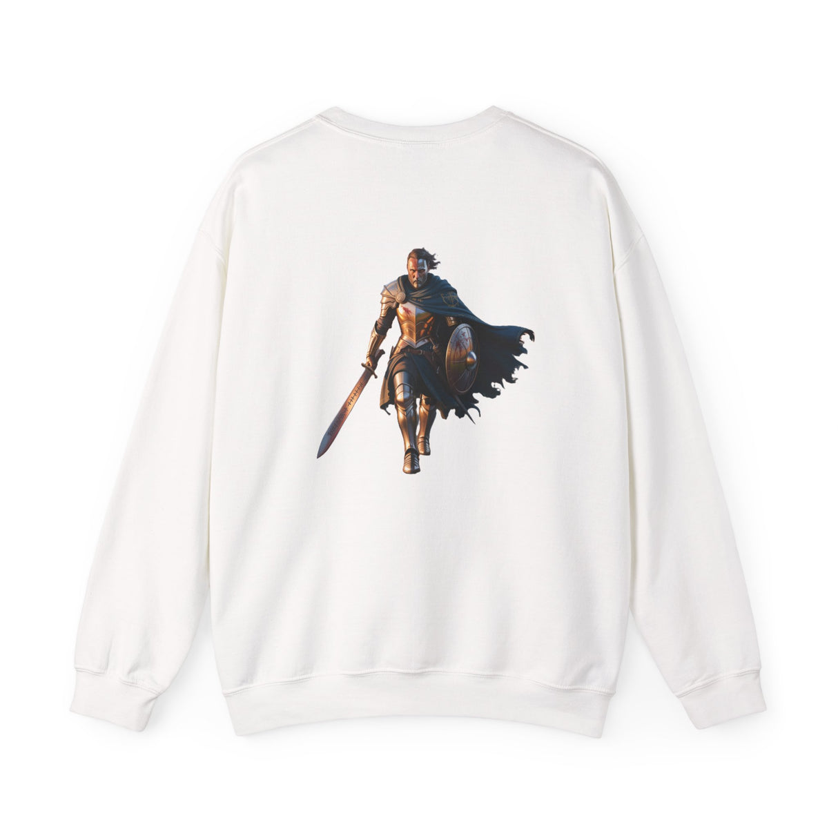 Detail shot of the ribbed collar on the Crewneck Sweatshirt — Medieval Knight & Eagle Graphic.