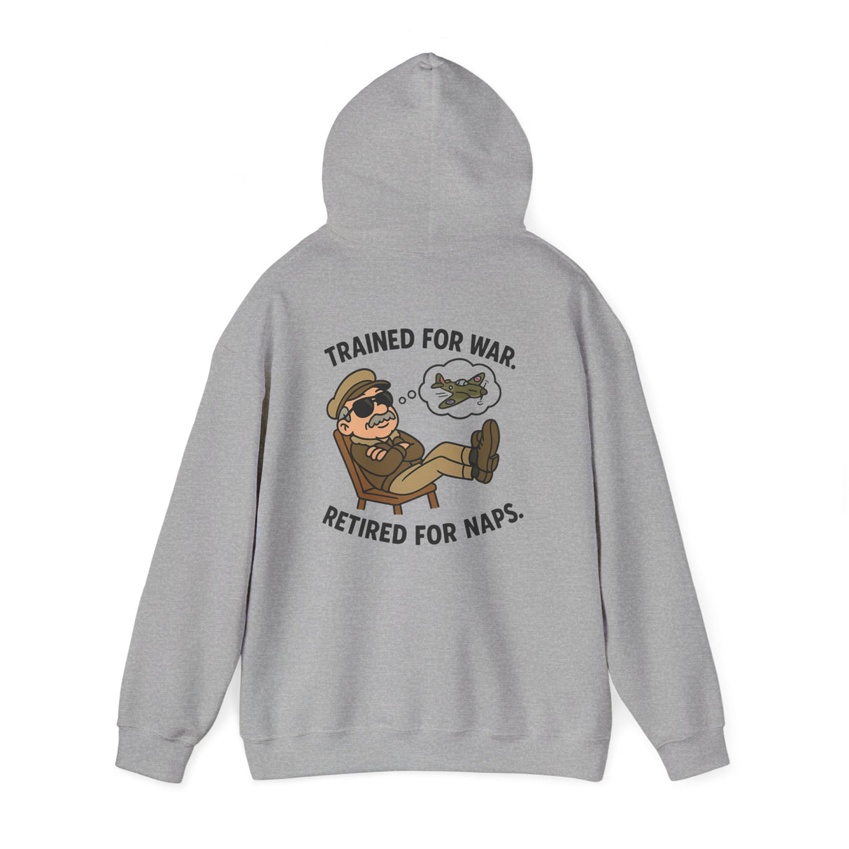 The cozy fabric of the Retired Pilot Hooded Sweatshirt — 'Trained for War, Retired for Naps' showcasing its cotton-poly blend.