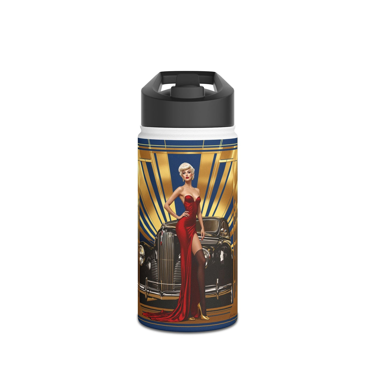 Vintage Glam Stainless Steel Water Bottle featuring a chic woman in a red gown next to a classic car, showcasing the perfect blend of style and practicality for your adventures. Part of our Travel Bottles collection.