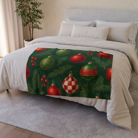 Cozy blankets collection featuring a festive red and green Christmas ornament throw blanket, perfect for holiday decor.
