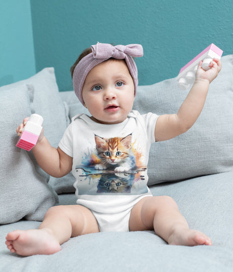 Stylish Baby Bodysuit featuring a playful kitten design, worn by a cute baby holding toy bottles, perfect for capturing precious moments.