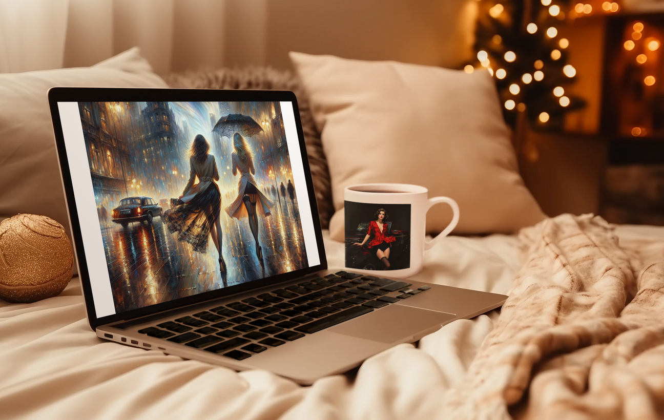 Stylish Coffee & Tea Set displayed on a cozy bed, featuring a vintage glamour coffee mug beside a laptop. Ideal for adding charm to your beverage moments.