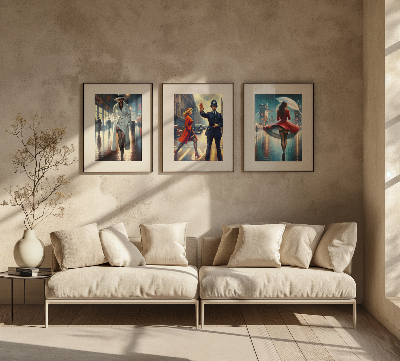 Collection of stylish vintage Art Deco graphics displayed in framed prints on a minimalist wall above a modern sofa. Perfect for adding a retro flair to your home decor.