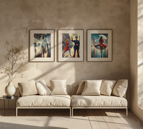 Collection of stylish vintage Art Deco graphics displayed in framed prints on a minimalist wall above a modern sofa. Perfect for adding a retro flair to your home decor.