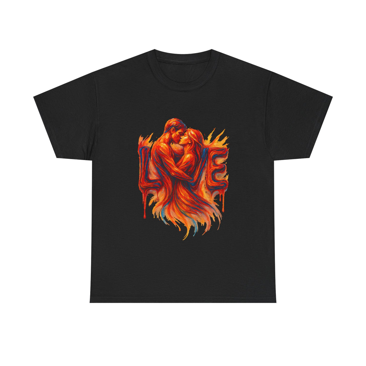 Model wearing the Love Flames Graphic Tee — Fiery Embrace Romantic Couple T-Shirt demonstrating its relaxed fit.
