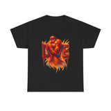 Model wearing the Love Flames Graphic Tee — Fiery Embrace Romantic Couple T-Shirt demonstrating its relaxed fit.