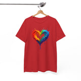 Close-up shot of the rainbow heart design on the Rainbow Drip Heart T-Shirt, showcasing the intricate details.