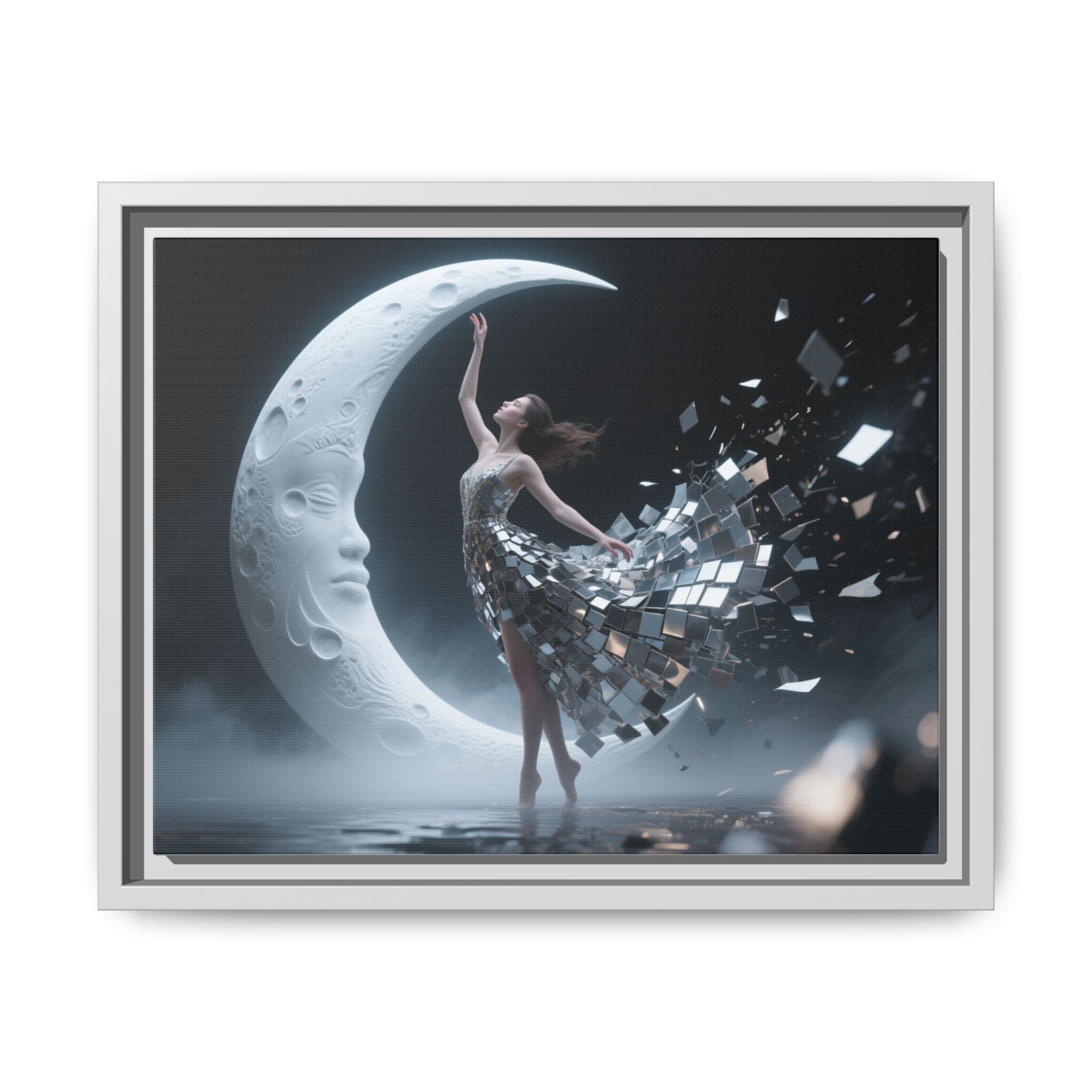 Framed Matte Canvas Art — Dancer &amp; Moon Surreal Wall Decor showing the artwork without glare, revealing subtle textures.