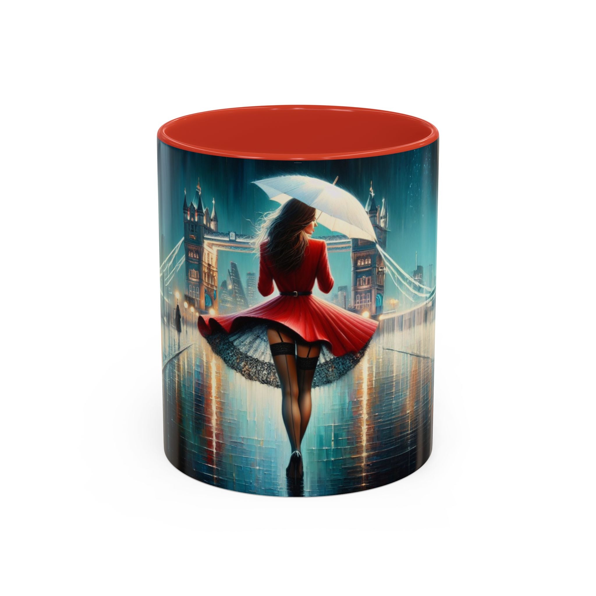 Wide-angle view of Glamorous Cityscape Coffee Mug with urban landscape print, perfect gift for art lovers.