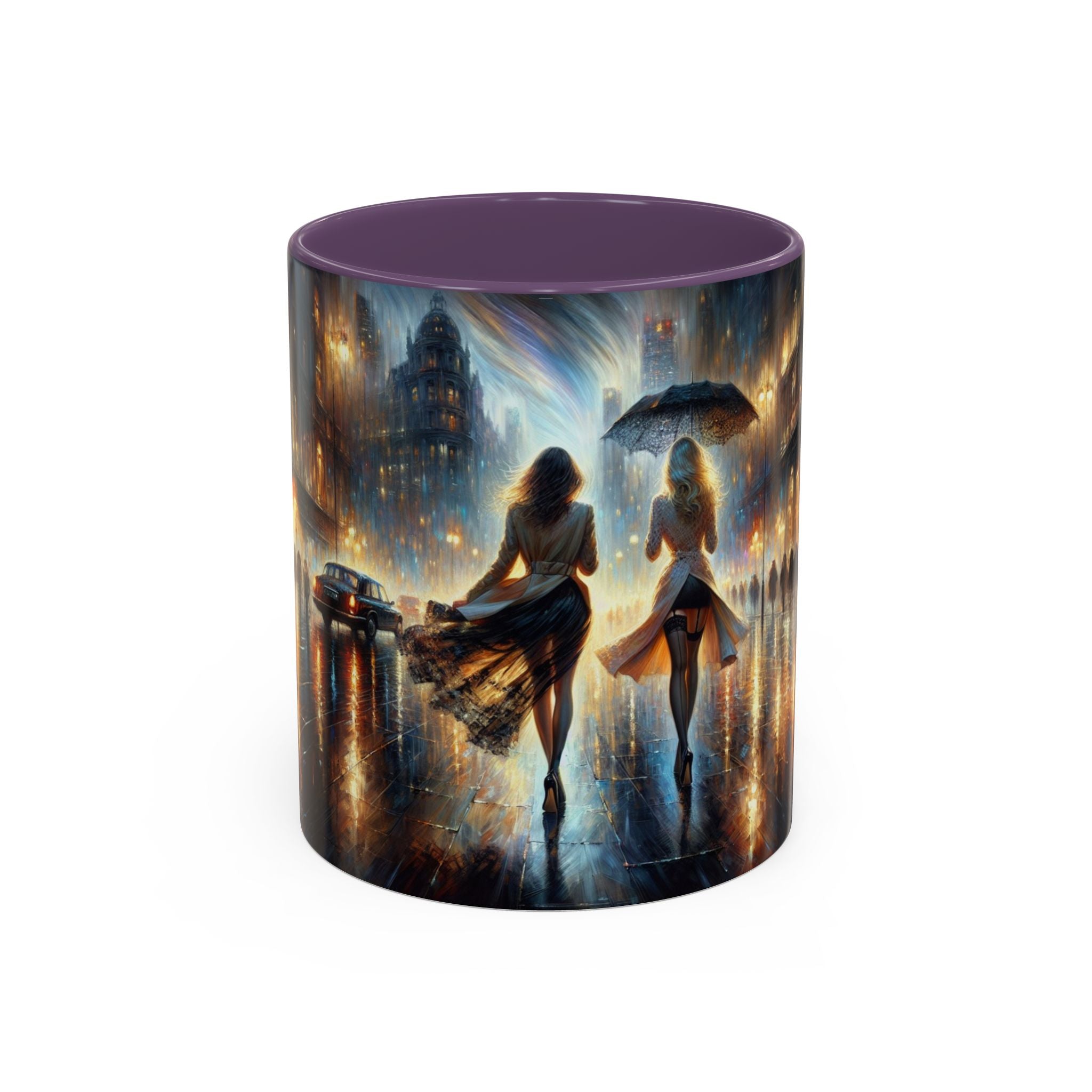 Elegant Nighttime Cityscape Coffee Mug being enjoyed in a cafe setting, ideal for coffee lovers.