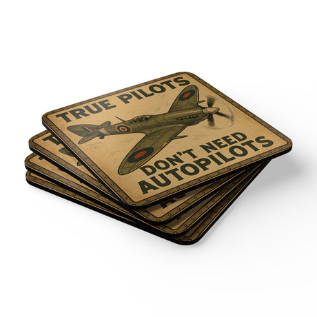 Vintage WWII Spitfire Coaster Set featuring 'True Pilots Don't Need Autopilots' artwork in high-gloss finish.