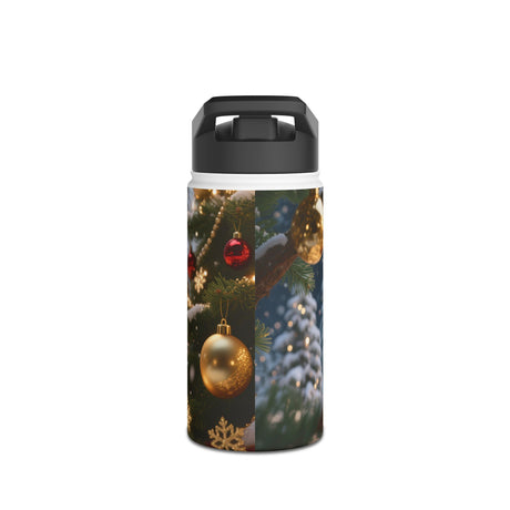 Close-up of the Holiday Ornament Christmas Water Bottle showcasing the matte finish and vivid print of a cozy holiday cottage.