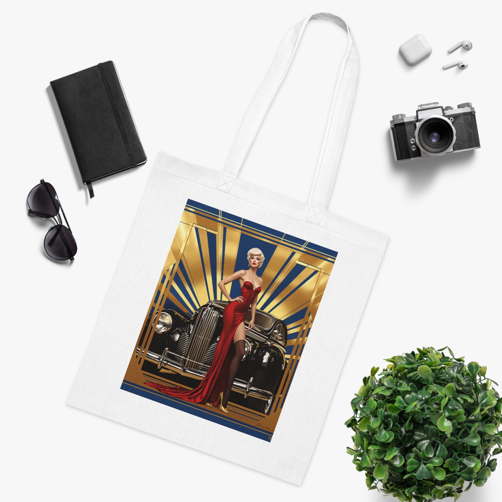 Artistic detail on the Vintage Glamour Cotton Tote Bag highlighting creative patterns.