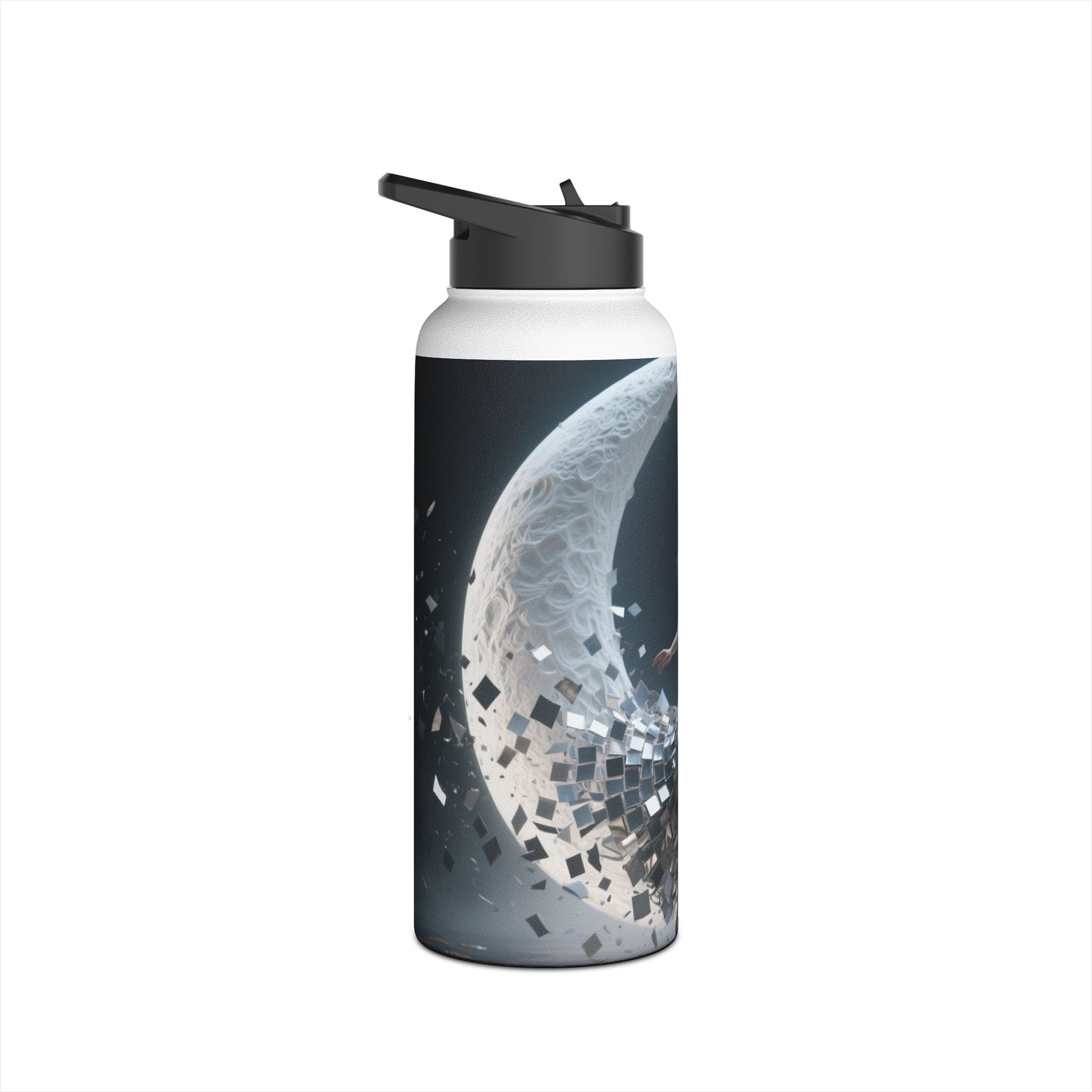 Colorful display of the Sunset Cove Stainless Steel Water Bottle emphasizing its high-resolution printed sunset landscape.